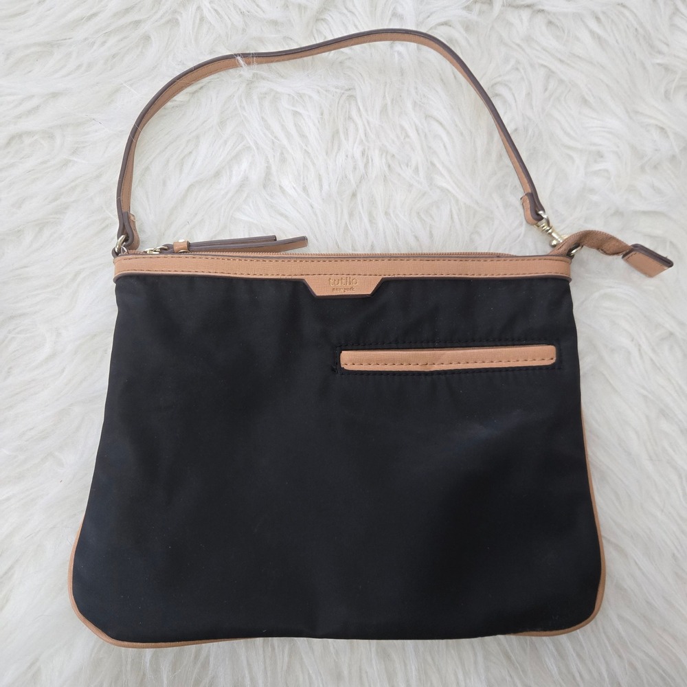 Tutilo New York Black Nylon Crossbody Bag Tan Trim Gold Hardware Slim Messenger